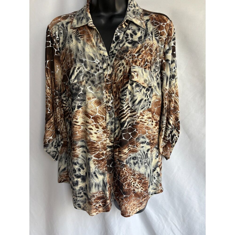 Emily Daniels Leopard Print Silver Button Down Top Size M 90s Mob Wife Sexy Hot